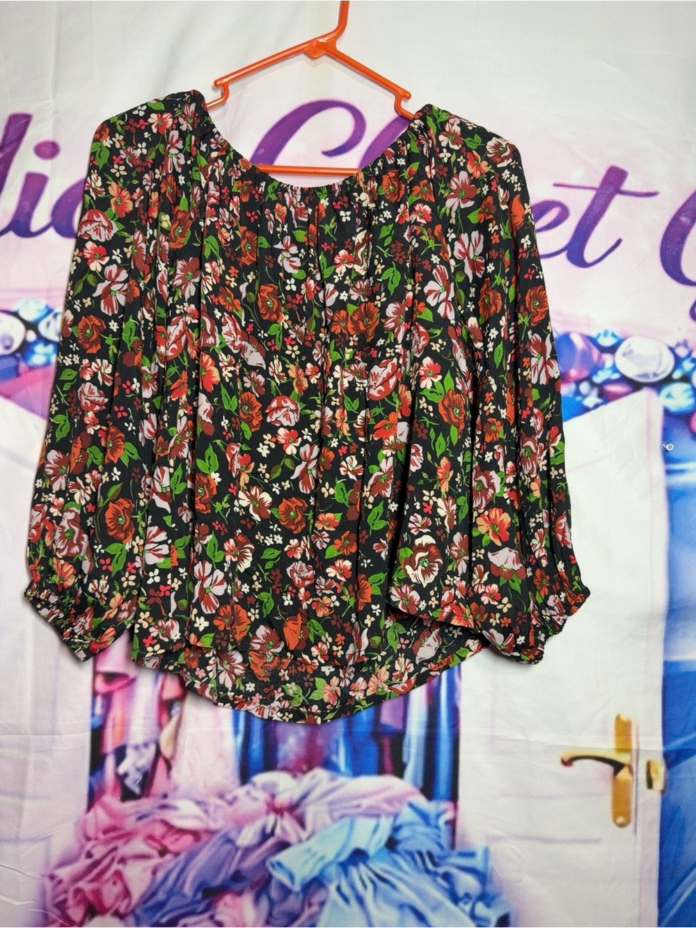 Zara Black Floral Off-Shoulder Top with Red & Green Flowers